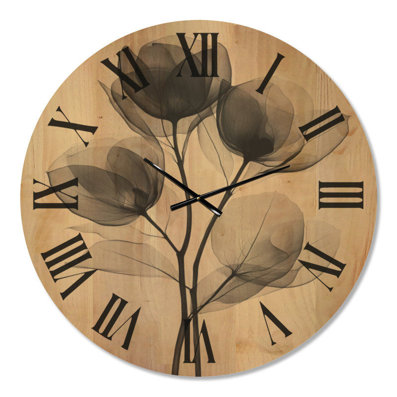 Horloge murale ronde minimaliste beige à motif tulipe translucide, imprimée sur bois., Extra Large