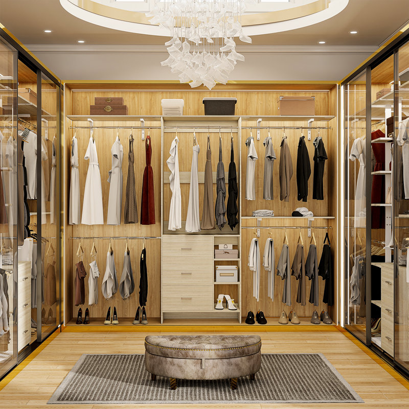  96'' Closet System with 5 Hanging Rods and 3 Wood Drawers, White Oak