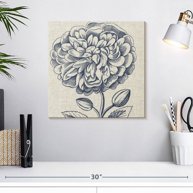 Harnek indigo floral sur lin III, H 16 po x l 16 po