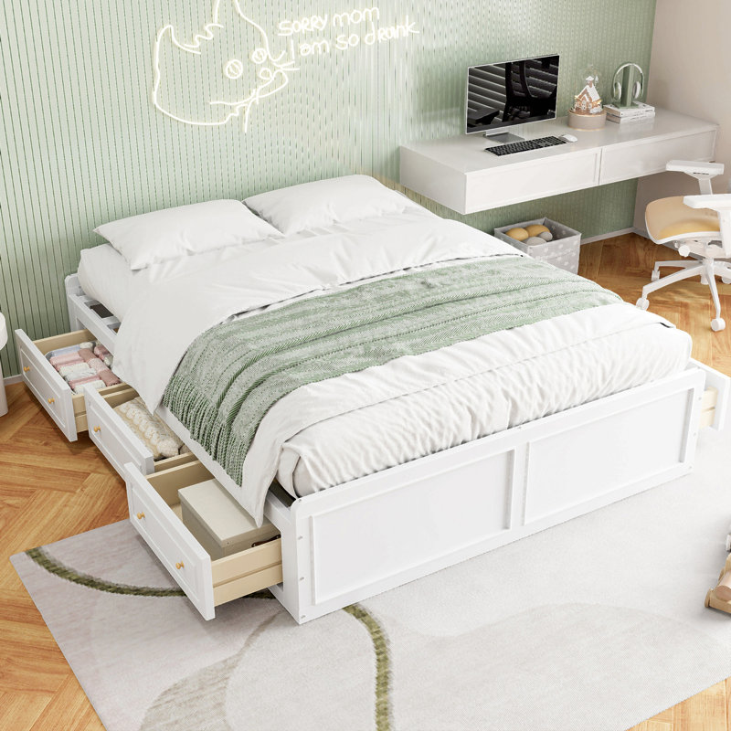 Structure de lit plateforme en bois avec 6 tiroirs, Blanc