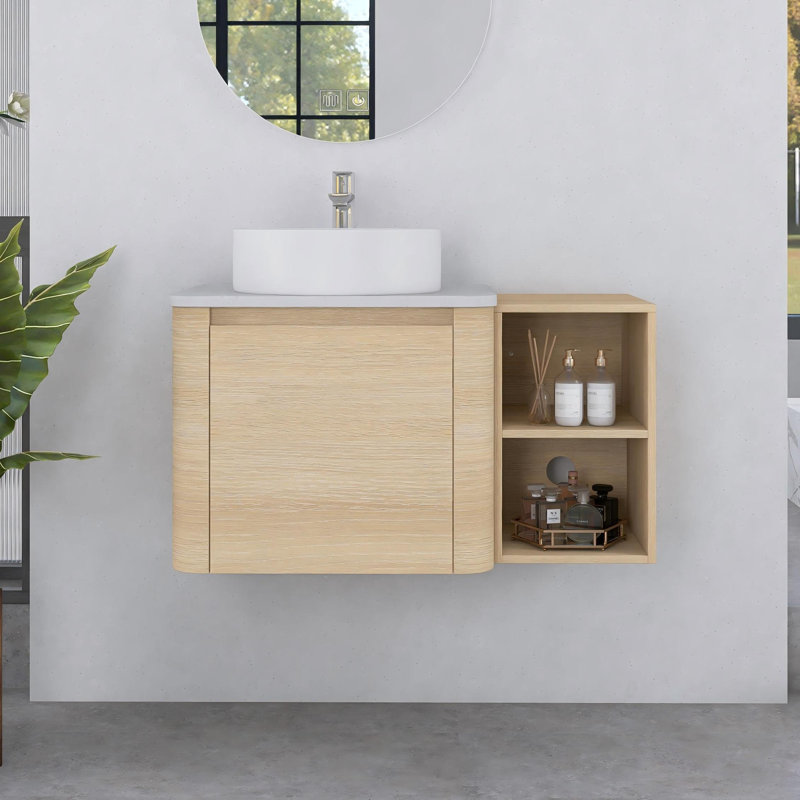 Meuble-lavabo mural 36 po avec lavabo d'art en céramique et tablettes de rangement, chêne blanc américain, Blanc