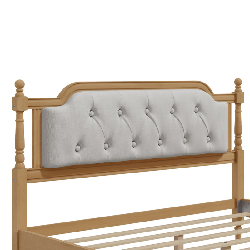 Structure de lit en bois massif de style traditionnel avec tête de lit capitonnée et aucun sommier tapissier requis, Noyer