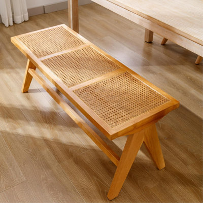 45” Natural Rattan Entryway Bench With Footrest