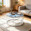Table basse ronde minimaliste moderne avec plateau en verre à motif de marbre bleu