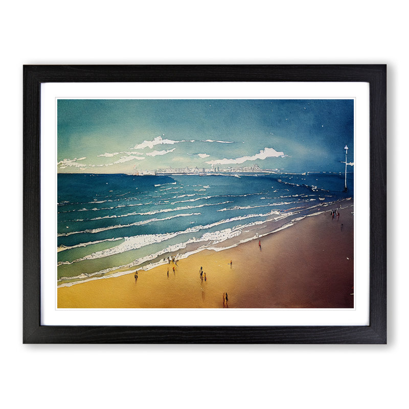 Beach In Watercolour Vol.1 - Single Picture Frame Painting, 25cm H x 34cm W x 2cm D, Black
