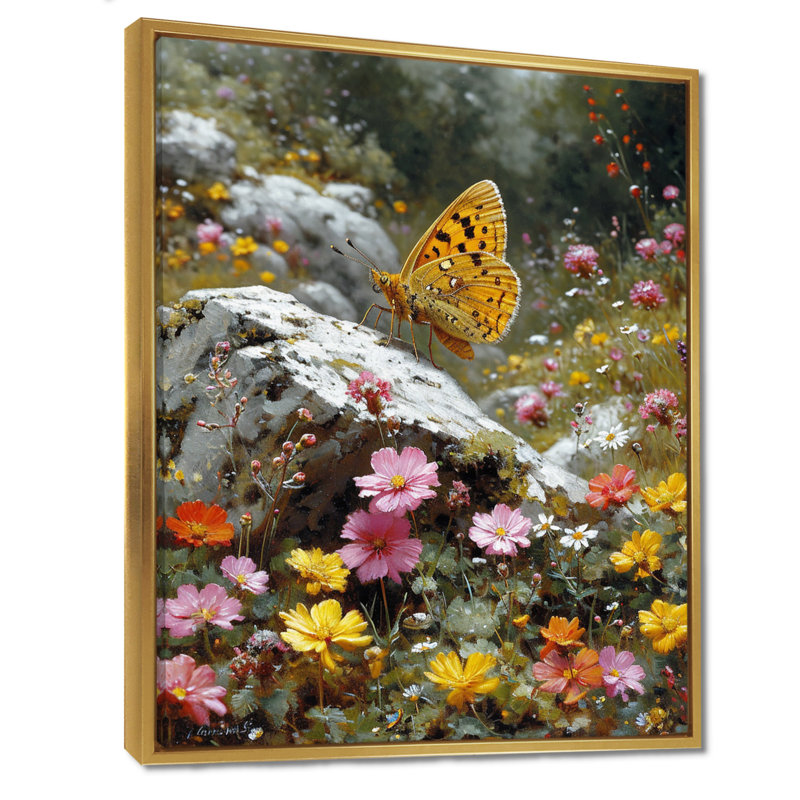 Tigre, machaon sur un rocher en champ de fleurs - papillon, art mural, Toile avec cadre doré, H 32 po x l 16 po x P 1 po