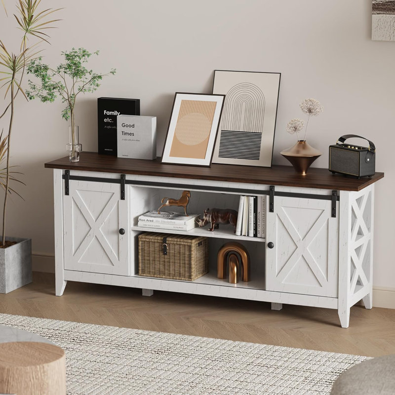Farmhouse Tv Stand For 65 Inch Tvs, Entertainment Center With 2 Sliding Barn Door