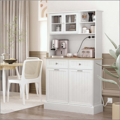 Kitchen Pantry Storage Cabinet With Charging Station, 2 Tilt Out Trash Cabinets And Microwave Stand, Freestanding Kitchen Hutch With Glass Doors And Adjustable Shelf