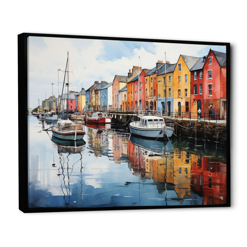Impression sur toile «Ireland Harbor Reflectionsan II» - Irlande, H 12 po x l 20 po x P 1 po, Cadre flottant noir