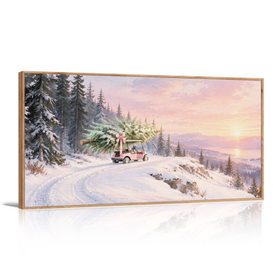 Art sur toile rose, voiturette de golf rose avec arbre dans les montagnes enneigées