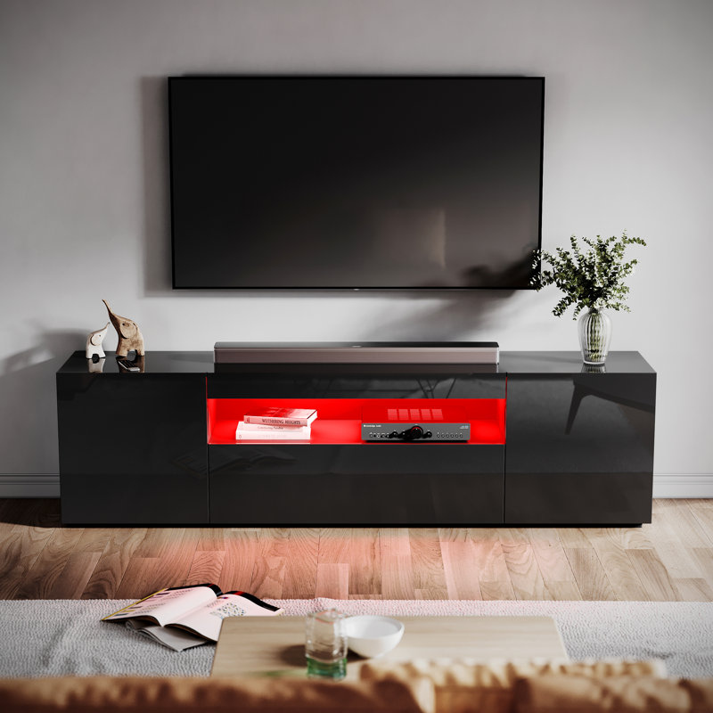 Caelainn High Gloss TV Stand & TV Cabinet, 1 Flip Door, 2 Side Doors, RGB Remote, 15W, Fits 60" TV, 49" H x 180" W x 35" D