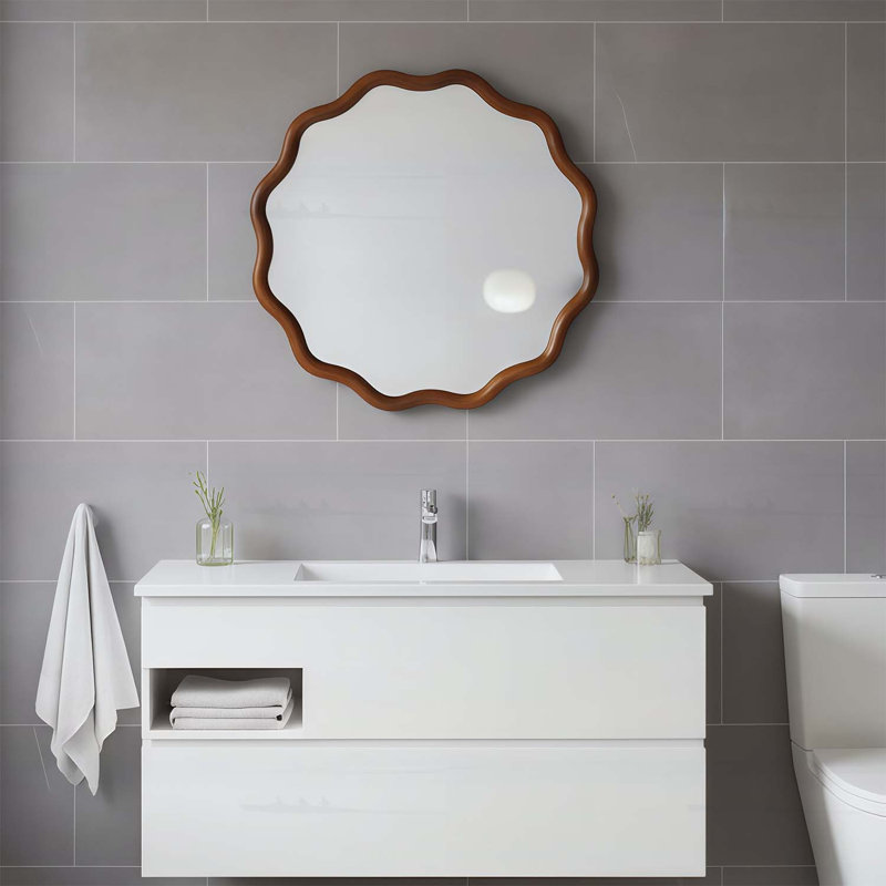 Élégant miroir ondulé pour divers espaces domestiques, 30 po x 30 po, Noyer foncé