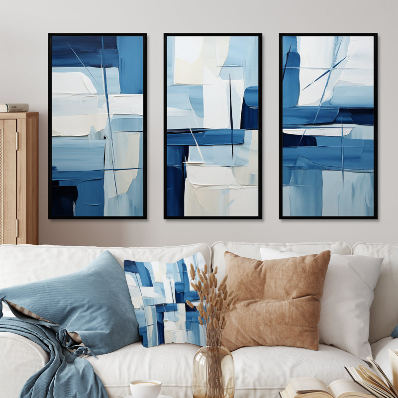 Nautique, formes géométriques blanches et bleues II - art mural géométrique, Cadre flottant noir, H 28 po x l 36 po x P 1 po
