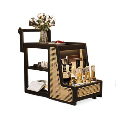 Retro Wood Mobile Utility Cart With Rattan Detailing