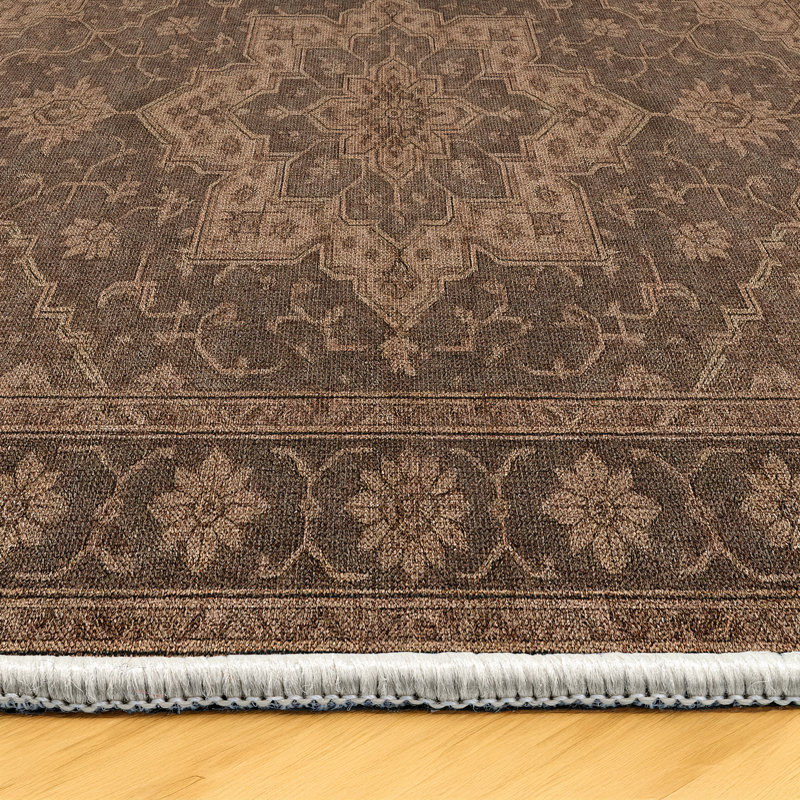 Nouvelle Collection Digital Print Cotton-Polyester Brown Oriental Rug, Rectangle 6'7" x 10'6"