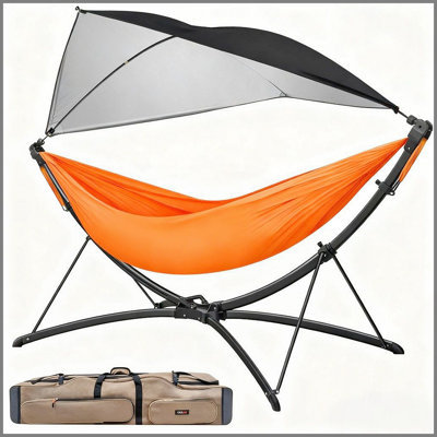 Portable Outdoor/Garden Hammock with Quick-Fold Stand, Adjustable Sunshade, and Storage Bag Adult/Child Hammock Chair Heavy-Duty Hammock Suitable for Camping, Home Gardens, Hotels, Outdoors, Beaches