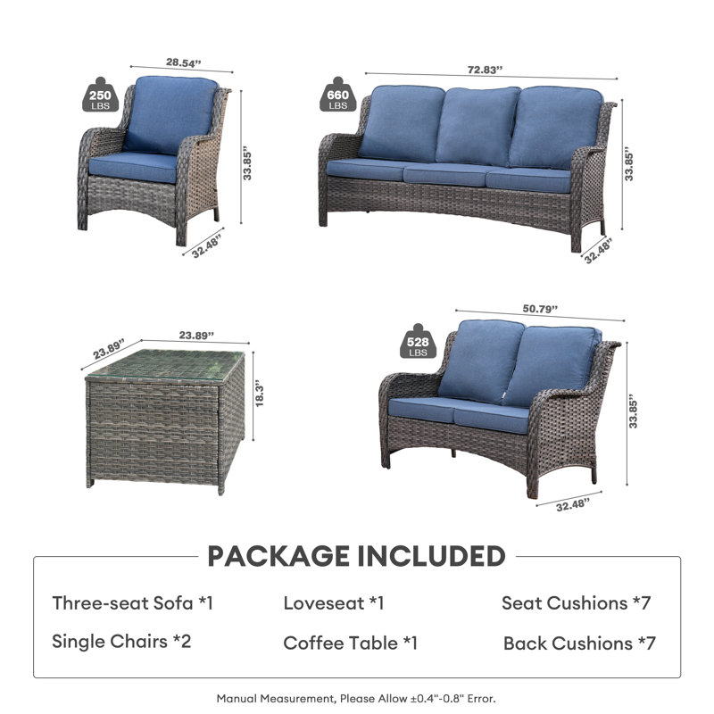Ensemble de conversation pour 7 personnes avec coussins, Bleu denim, gris