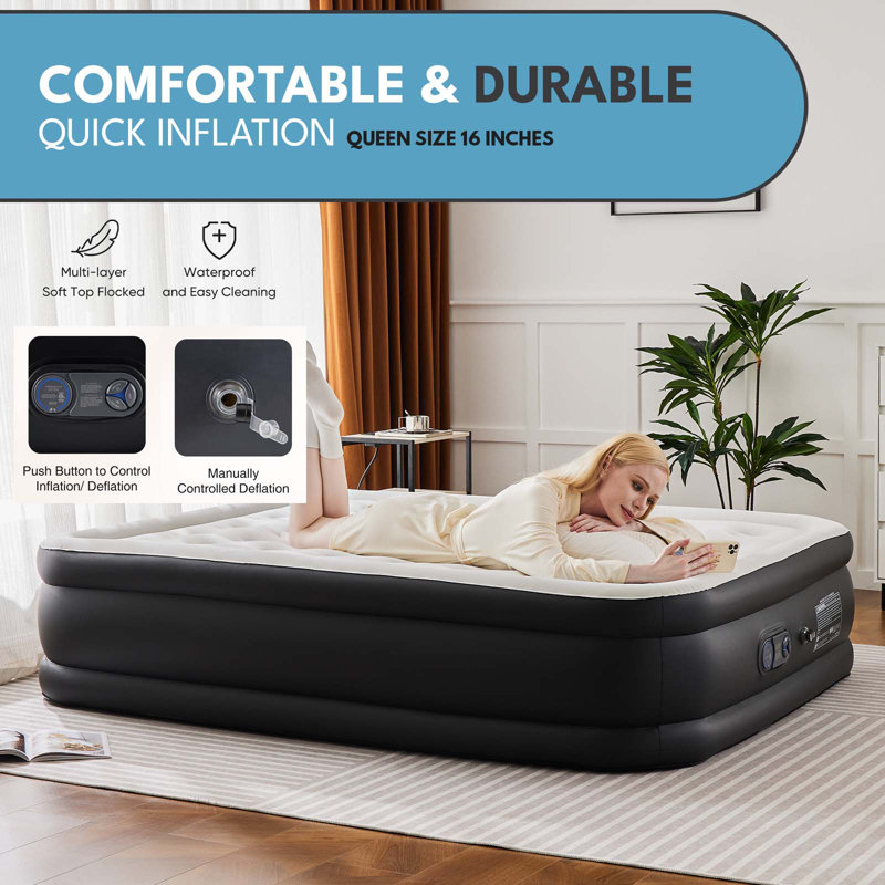 Matelas gonflable de 16 pouces avec pompe intégrée, Grand lit