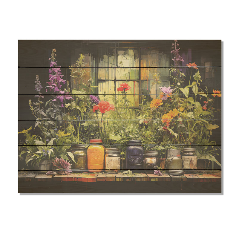 Blooming Urban Harvest With Poteries I - Art mural en bois sur bois de pin naturel, H 24 po x l 32 po