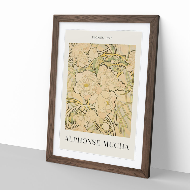 Peonies by Alphonse Mucha - Picture Frame Painting, Walnut, 65cm H x 48cm W x 2cm D
