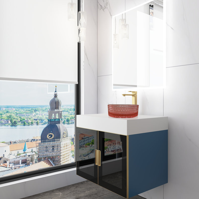 Modern Luxury Wall-mounted Vanity With 36" Solid Surface Top And Round Glass Vessel Sink, Pink