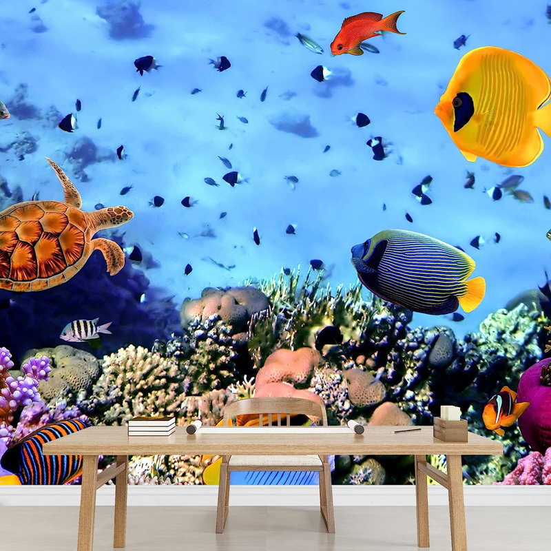 Murale de tortue de mer sous-marine, L 144 po x l 100 po