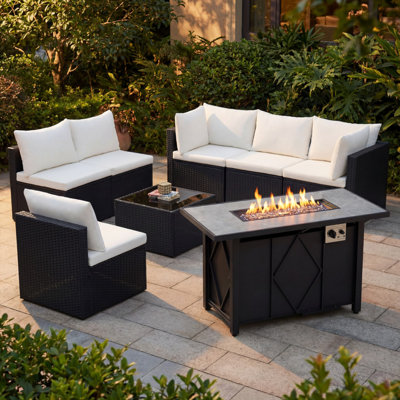 7-Piece Outdoor Patio Furniture Set With 55,000 BTU Fire Pit Table, PE Wicker Sectional Conversation Sofa Set with Fire Pit Table