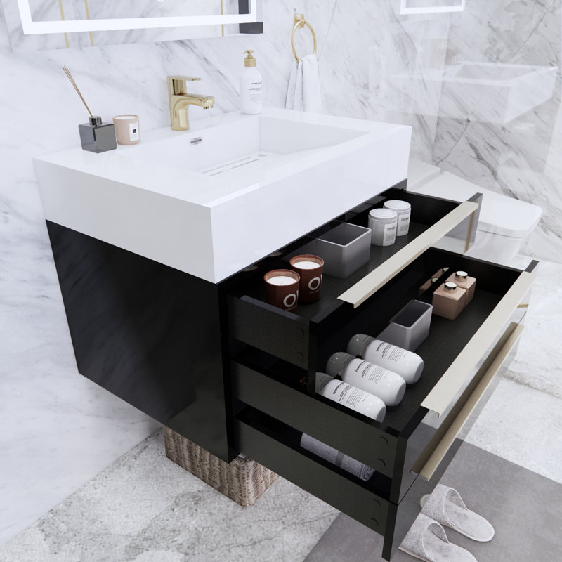 Glasgow 29.5'' Single Bathroom Vanity with Acrylic Top, High Gloss Black, Glossy White