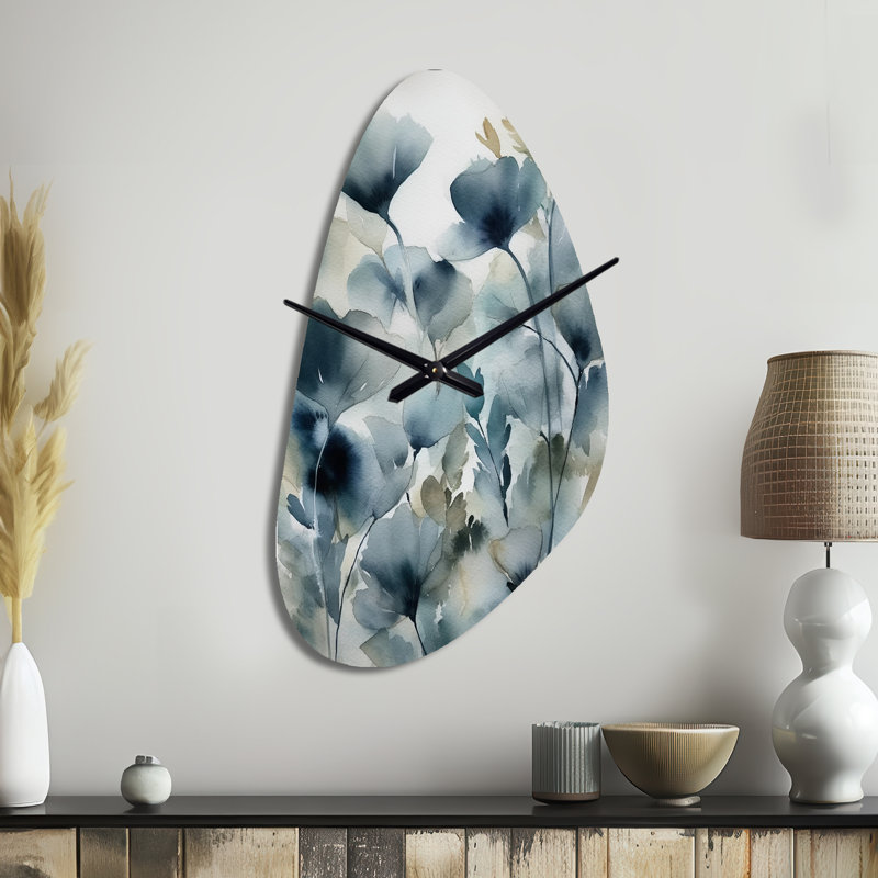 Horloge murale Amjad Blue Leaf Foliage And Flowers II, Grand