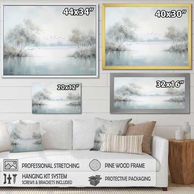 «Lakeside Winter Serenity - Lakes & Rivers», art mural sur toile, Cadre doré simple, H 30 po x l 40 po x P 1,5 po