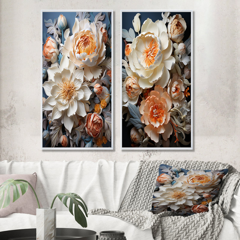 Ensemble de 2 reproductions d'art sur toile Beige, Cadre blanc, H 28 po x l 25 po