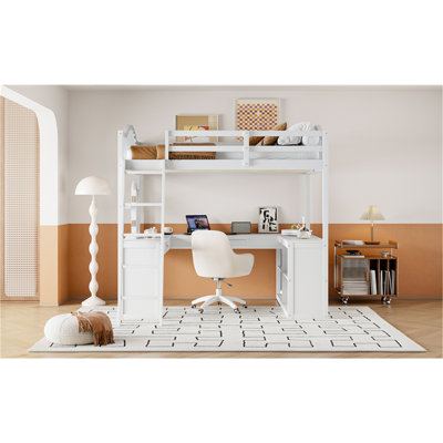 Full Wooden Loft Bed With U-Shaped Desk,Storage Compartments And Tri-Fold Mirror, White