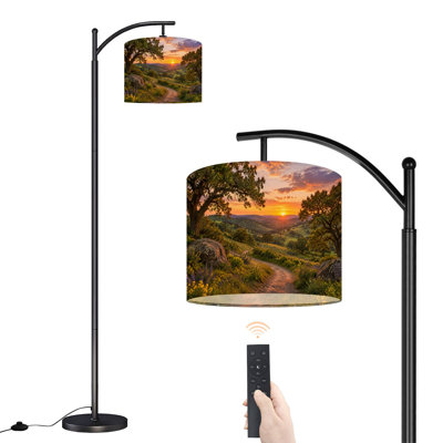 Lampe sur pied arquée avec abat-jour réglable, motif coucher de soleil, collines et arbres, 3 températures de couleur, intensité variable, lampe sur pied avec interrupteur au pied pour chambre