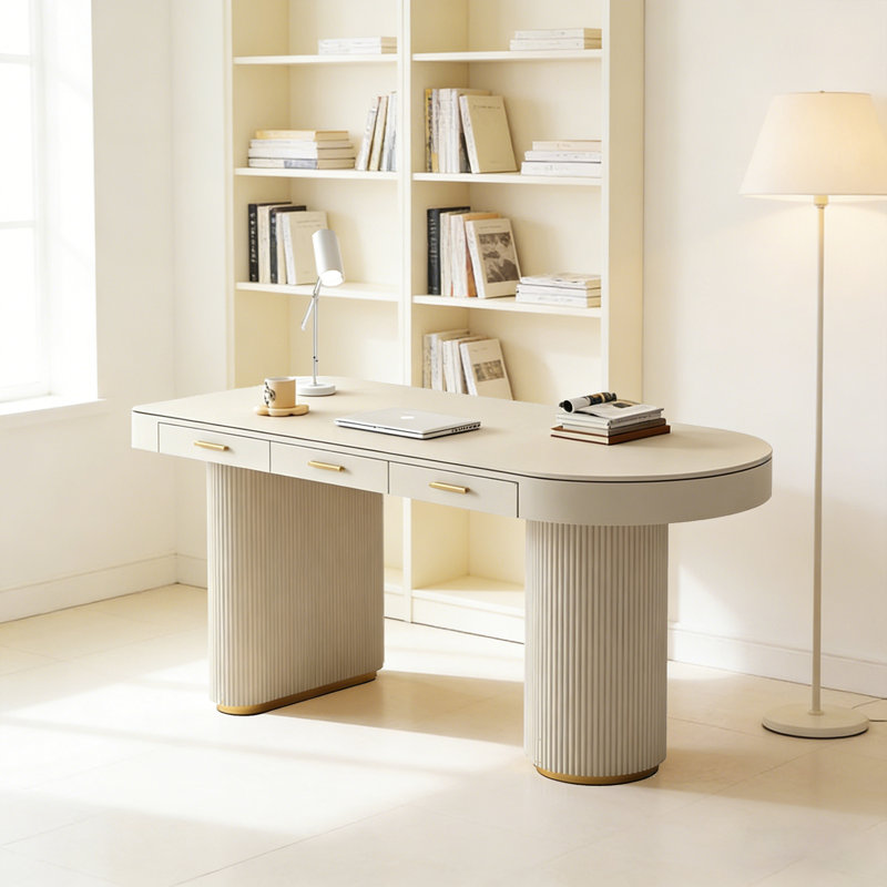 Bureau en pierre frittée blanc crème de style crème, bureau à 3 tiroirs, 29.53" H x 55.12" W x 27.56" D, Oui