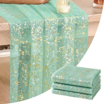Chemin de table 3 pièces en gaze turquoise et or, 3 m, paillettes métallisées, transparent, idéal pour les repas, mariages, anniversaires et fêtes à la maison. Décor de table parfait pour les réceptions.
