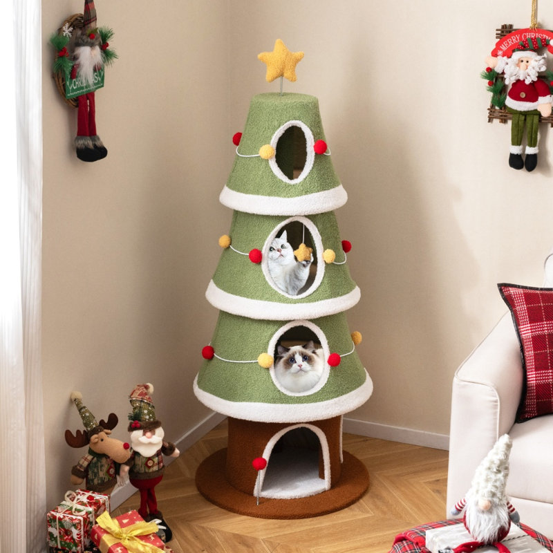 Arbre à chat de Noël de 155 cm avec 4 niches et un griffoir en sisal