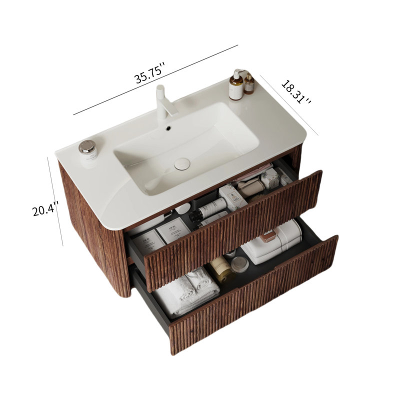 36" White and Deep Walnut Wall-Mounted Plywood Bathroom Vanity with Sink