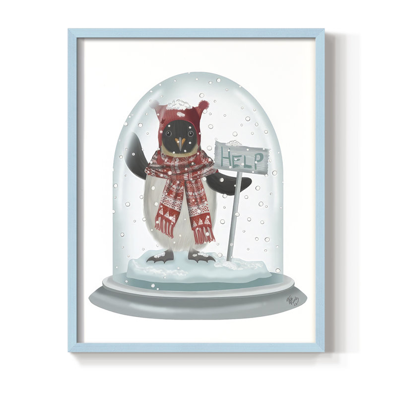 Christmas Penguin Snow Globe Framed Print - Solid Wood, 11" H x 9" W, Blue