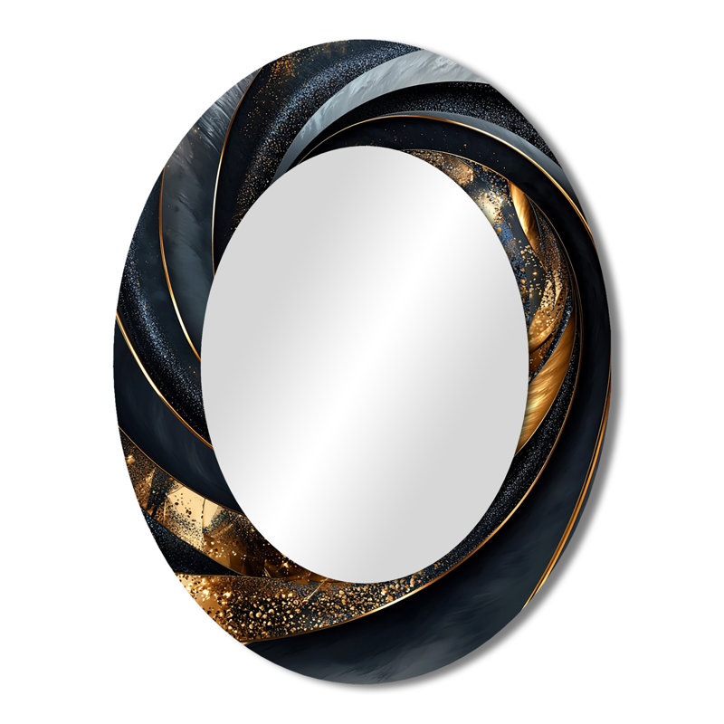 Spirales abstraites dans des tons dorés et noirs III - Miroir décoratif ovale abstrait sur métal, 43 po x 33 po