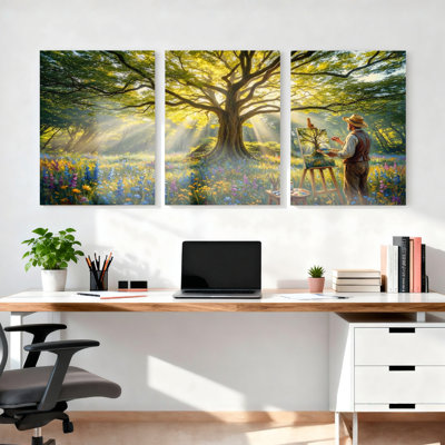 Ensemble de 3 tableaux sur toile « Forêt ensoleillée » pour la décoration du salon et de la chambre.