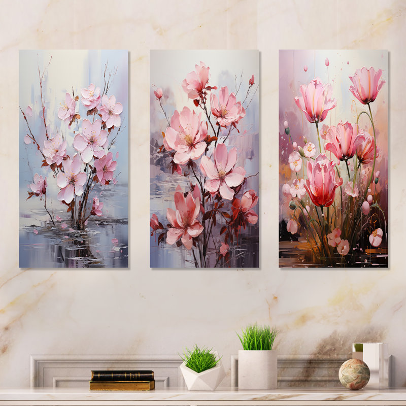 Ensemble de 4 reproductions d'art sur toile rose fuchsia, Toile tendue, H 28 po x l 36 po