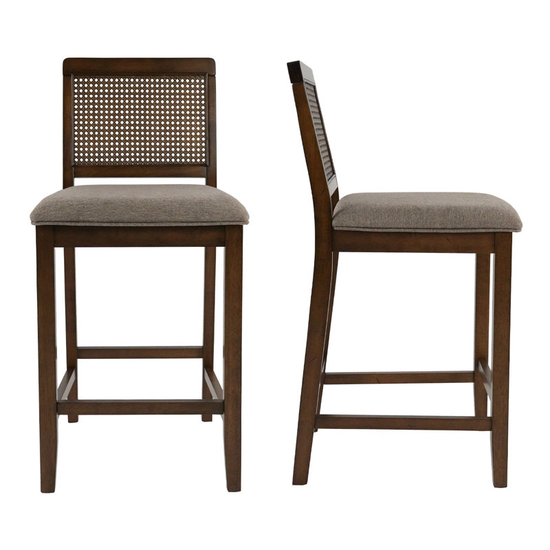 25'' Upholstered Bar & Counter Stool With Solid Wood Legs And Footrest And Rattan Backrest For Kitchen Island, Coffee Bar