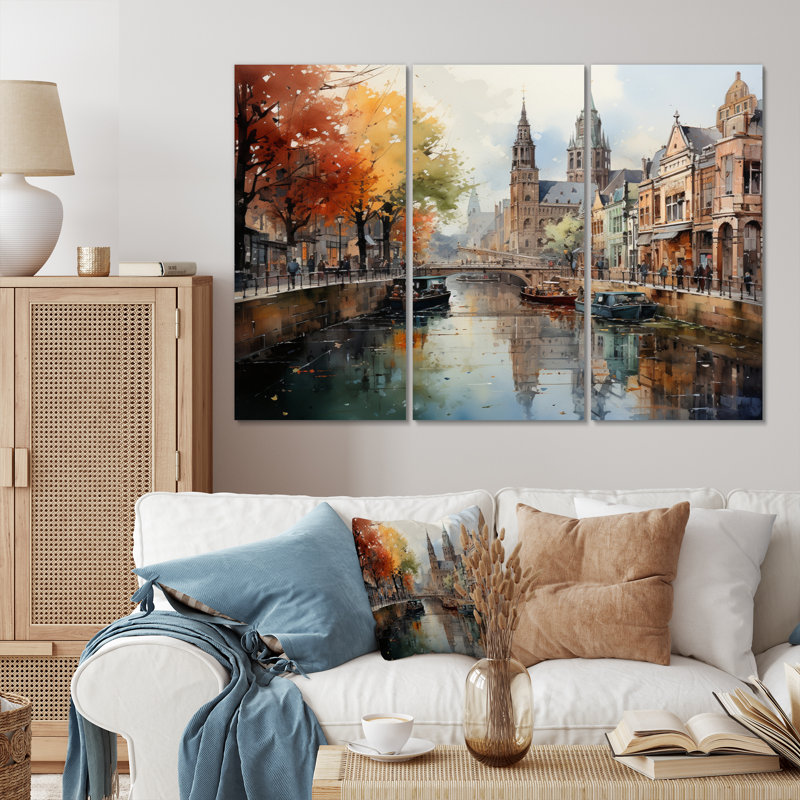 "Beige Canal Urban Reflections Cityscape" sur toile, reproduction de 3 pièces, H 28 po x l 36 po x P 1 po