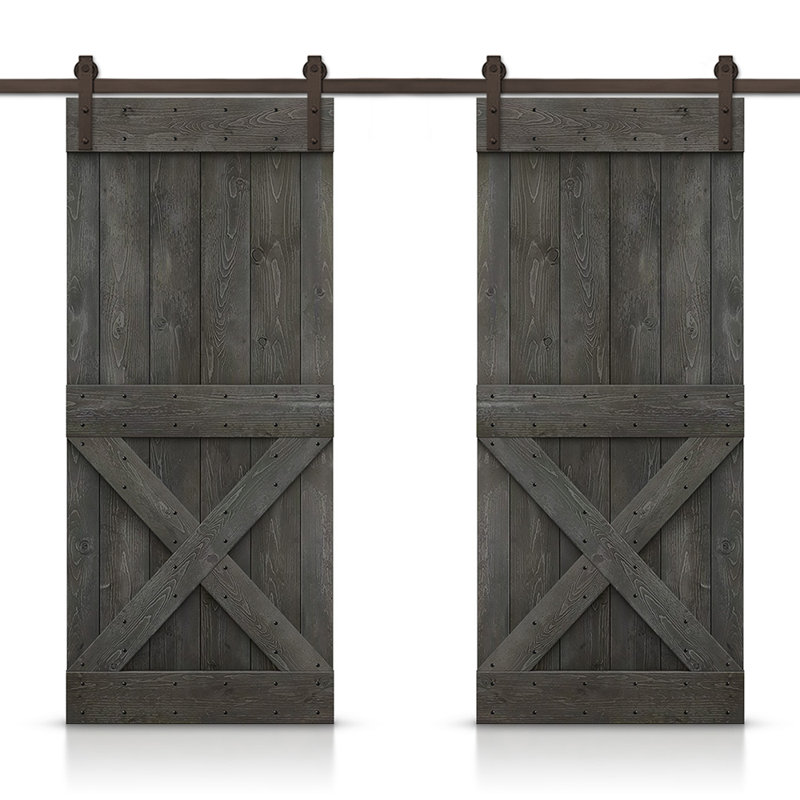 Porte de grange à panneaux et en bois avec quincaillerie d'installation, 64 po x 84 po, gris