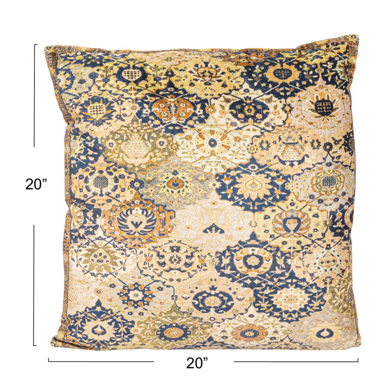 Multicolor Cotton Velvet Square Pillow with Printed Design, 20"