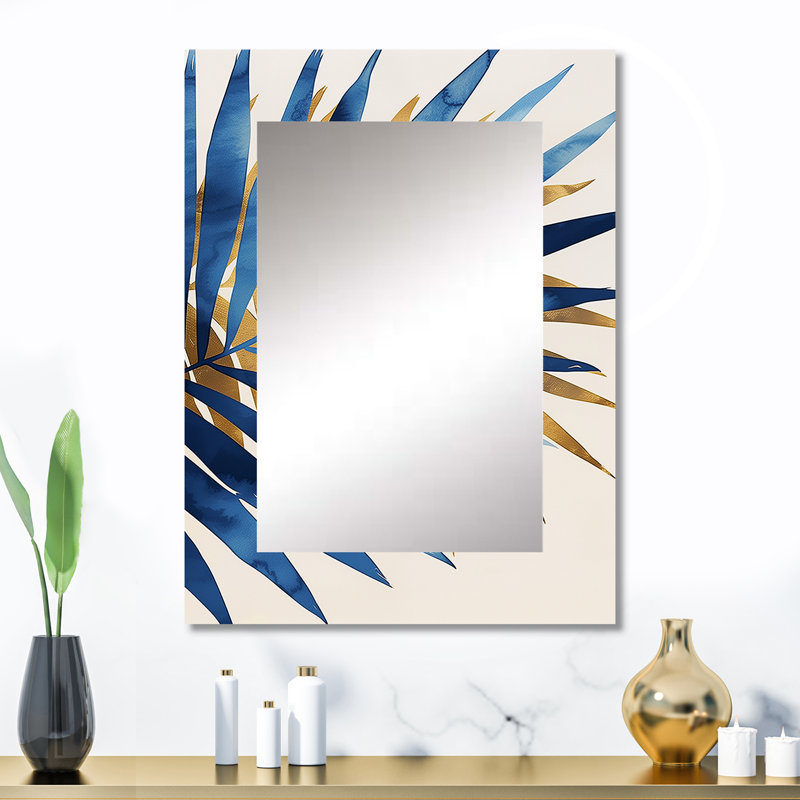 Bleu et feuilles de palmier doré II - miroir mural Palms, miroir décoratif bleu, impression d'art en métal, 32 po x 24 po