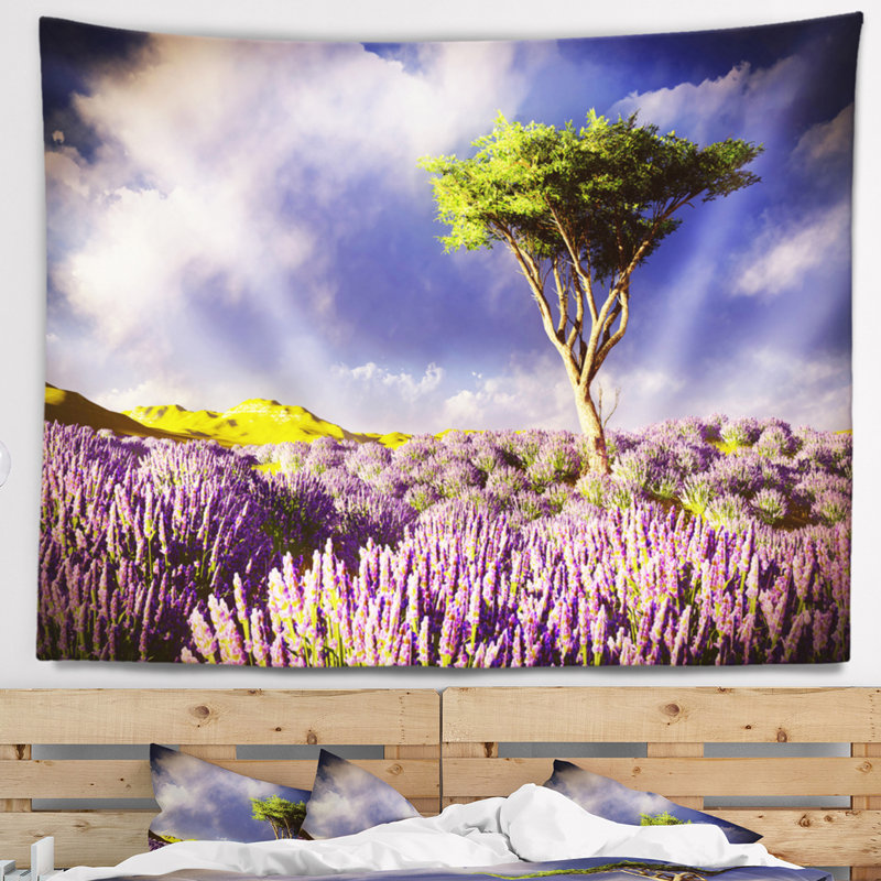 Paysage, arbre vert dans un champ de lavande, H 32 po x l 39 po