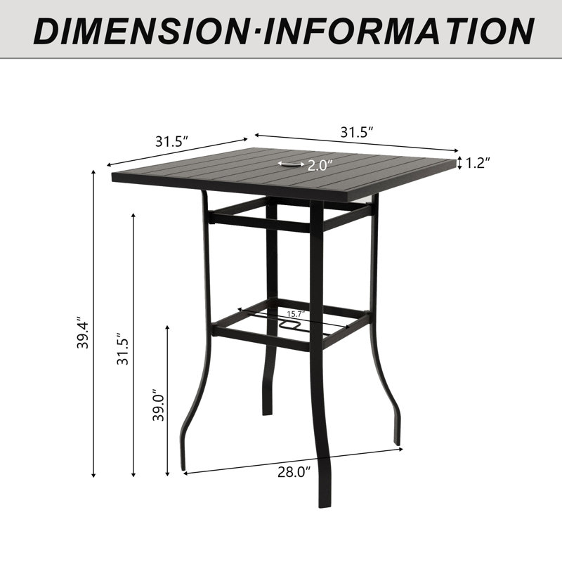 Square Steel Outdoor Bar Table With 2-Inch Umbrella Hole, 31.5'' W X 31.5'' D