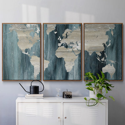 Navy World Map - Multi Piece Framed Canvas