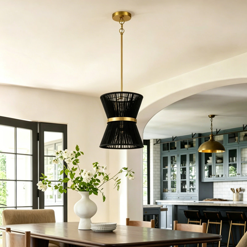 Luminaire suspendu simple en métal 2 lumières avec abat-jour en coton Claretta, Noir
